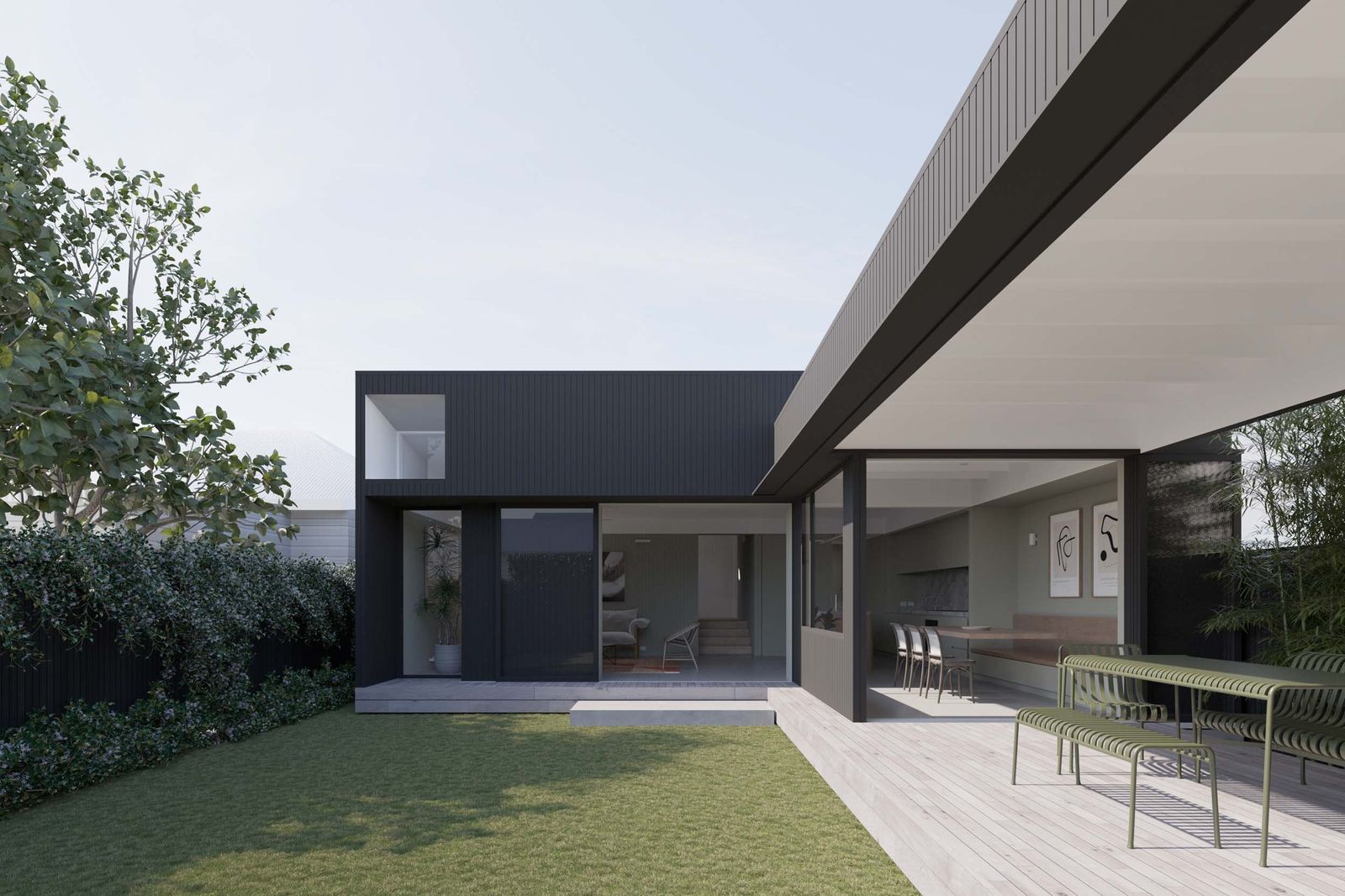 Link House, New Lambton. Rear addition linking house and garage around a north garden.